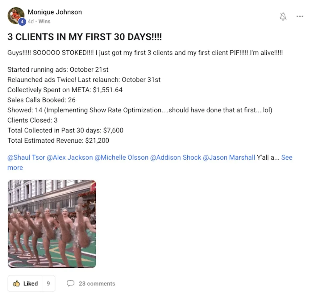 Monique Johnson — 3 Clients in First 30 Days